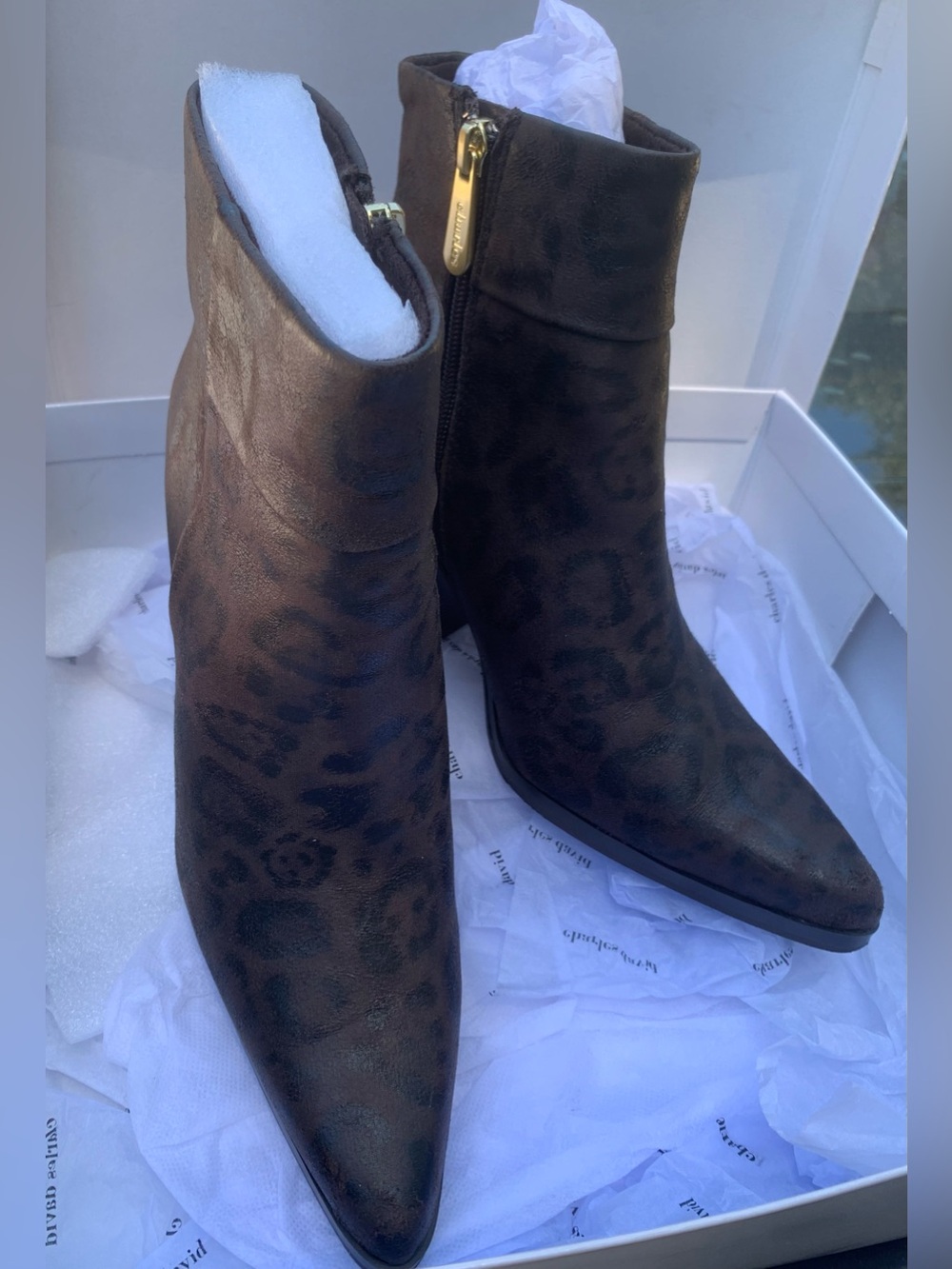 New in Box Charles David Brown Leopard-Print Ankle Booties with Block Heel